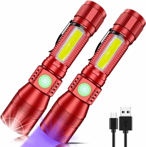 UV Flashlight Rechargeable, Black Light Flashlight with Magnet&Side Work Light 3in1 Tactical Flashlight Blacklight&Redlight, Zoomable, Waterproof LED Torch for Pet Urine Detector, Red,2Pcs