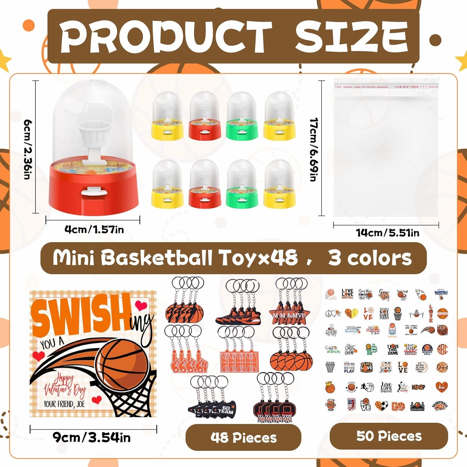 Valentine's Day Gifts 48 Pack Mini Finger Basketball Shooting Game Basketball Keychains Basketball Stickers Basketball Party Favors Classroom Rewards Carnival Prizes Party Supplies for Kids