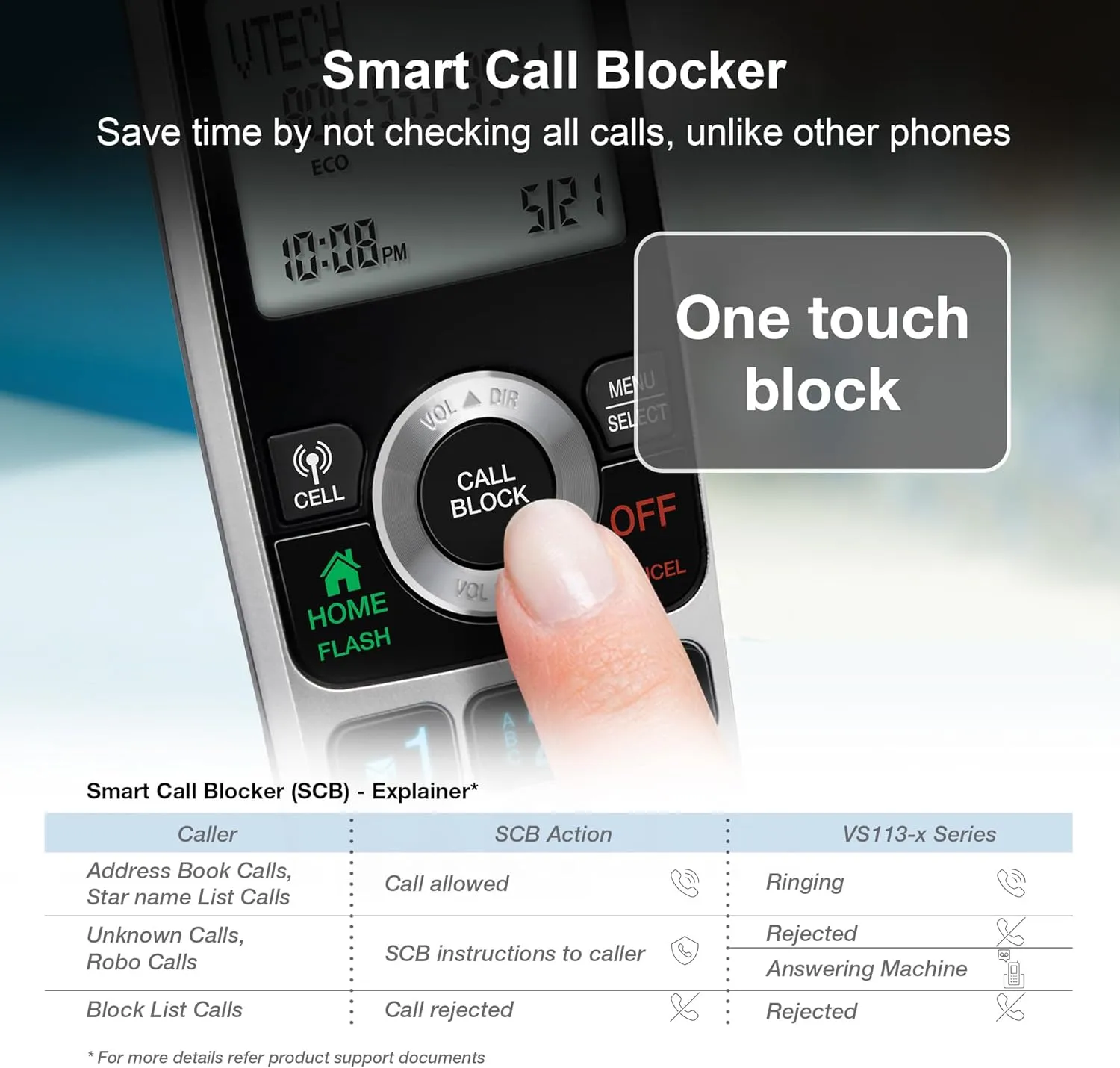 VTech VS113-5 Extended Range 5 Handset Cordless Phone for Home with Call Blocking, Connect to Cell Bluetooth, 2" Backlit Screen, Big Buttons, and Answering System, Silver & Black