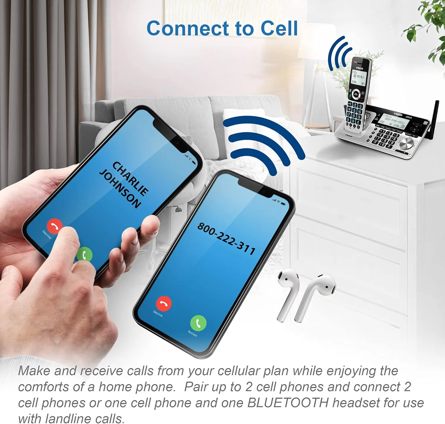 VTech VS113-5 Extended Range 5 Handset Cordless Phone for Home with Call Blocking, Connect to Cell Bluetooth, 2" Backlit Screen, Big Buttons, and Answering System, Silver & Black