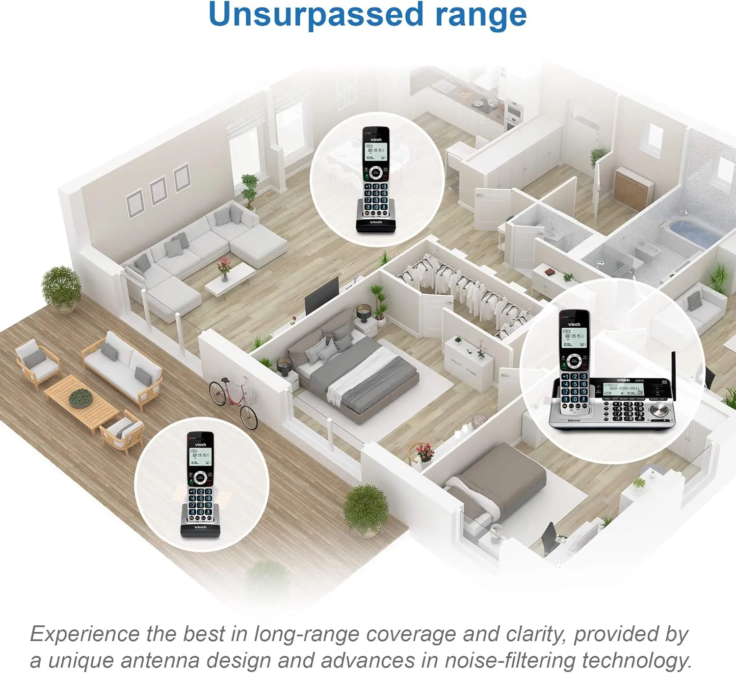 VTech VS113-5 Extended Range 5 Handset Cordless Phone for Home with Call Blocking, Connect to Cell Bluetooth, 2" Backlit Screen, Big Buttons, and Answering System, Silver & Black