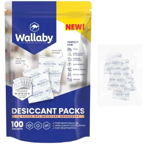 Wallaby 2 gram (100 Packets) Food Safe Pure White Silica Gel Desiccant Dehumidifier Packs - Rechargeable & Coated Moisture Absorbers - Protects Against Moisture Damage - (Packed in 20x Sets of 5)