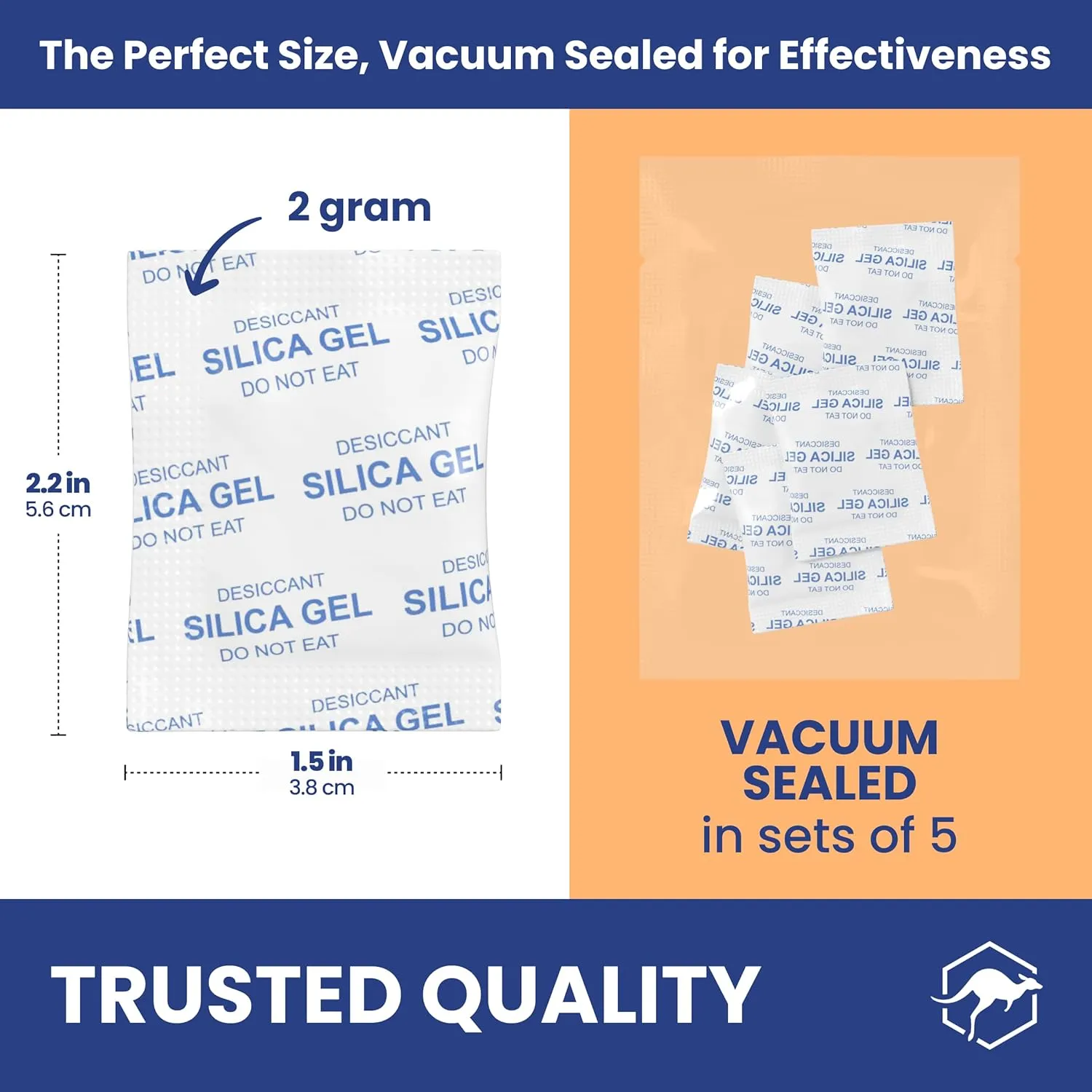 Wallaby 2 gram (100 Packets) Food Safe Pure White Silica Gel Desiccant Dehumidifier Packs - Rechargeable & Coated Moisture Absorbers - Protects Against Moisture Damage - (Packed in 20x Sets of 5)