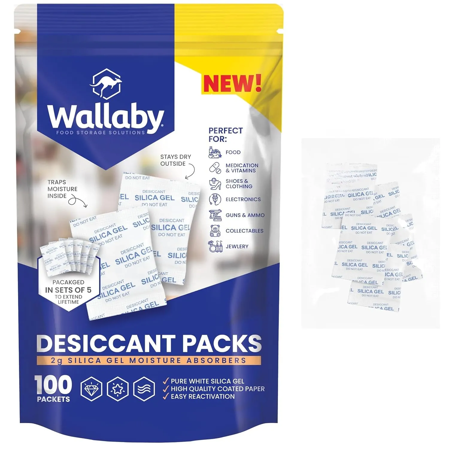 Wallaby 2 gram (100 Packets) Food Safe Pure White Silica Gel Desiccant Dehumidifier Packs - Rechargeable & Coated Moisture Absorbers - Protects Against Moisture Damage - (Packed in 20x Sets of 5)