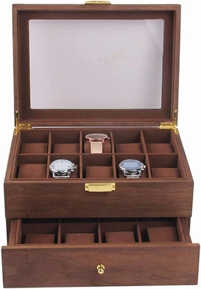 Watch Box Double Layer Vintage Wood 20 Slots Watch Storage Box Organizer Clear Lid Lockable Jewellery Display Case Watch Accessories (Color : Coffee Color, Size : 29 * 21.5 * 15cm)