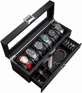 Watch Box Leather Watch Box Earrings Necklace Drawer Storage Box with Lock Transparent Glass Top Cover Watch Accessories (Color : Black, Size : 34 * 12 * 13cm)