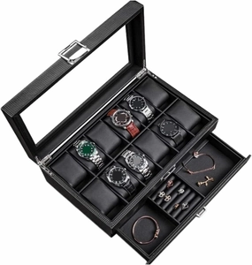 Watch Box Leather Watch Box Earrings Necklace Drawer Storage Box with Lock Transparent Glass Top Cover Watch Accessories (Color : Black, Size : 34 * 21 * 13cm)