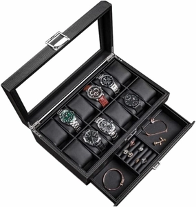 Watch Box Watch Box Earrings Necklace Leather Drawer Storage Box with Lock Transparent Glass Top Cover Watch Accessories (Color : OneColor, Size : 12 Epitope)