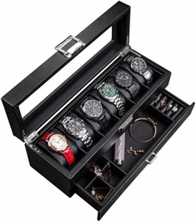 Watch Box Watch Box Earrings Necklace Leather Drawer Storage Box with Lock Transparent Glass Top Cover Watch Accessories (Color : OneColor, Size : 6 Epitope)