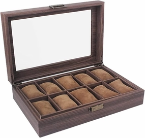 Watch Box Watch Organizer Display Vintage Wood Grain PU Leather 10 Grids Watch Box Organizer Lockable Display Case Watch Accessories
