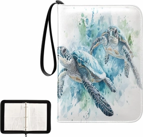 Watercolor Sea Turtles Blue Painting Card Binder 4 Pocket, Trading Card Holder Fits 400 Game Cards with 50 Removable Sleeves, MTG Card Case Standard Size