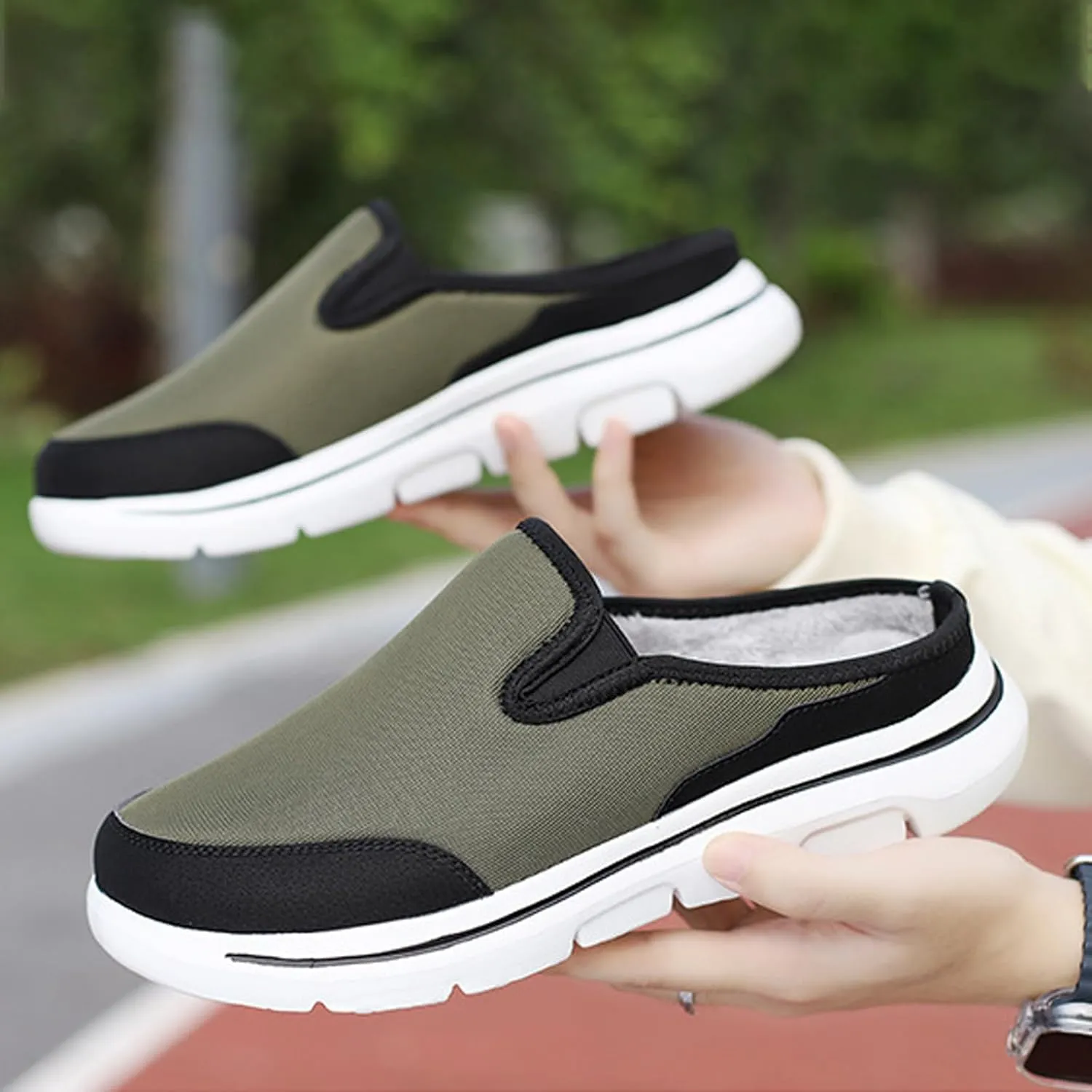 WENOREG Men's Mesh Lined Fleece Slip-on Flat Slipper Shoes,Winter Comfy Warm Indoor Outdoor Moccasin Orthotic Clog Slippers Non Slip Fluffy Wide House Shoes Mule Loafer