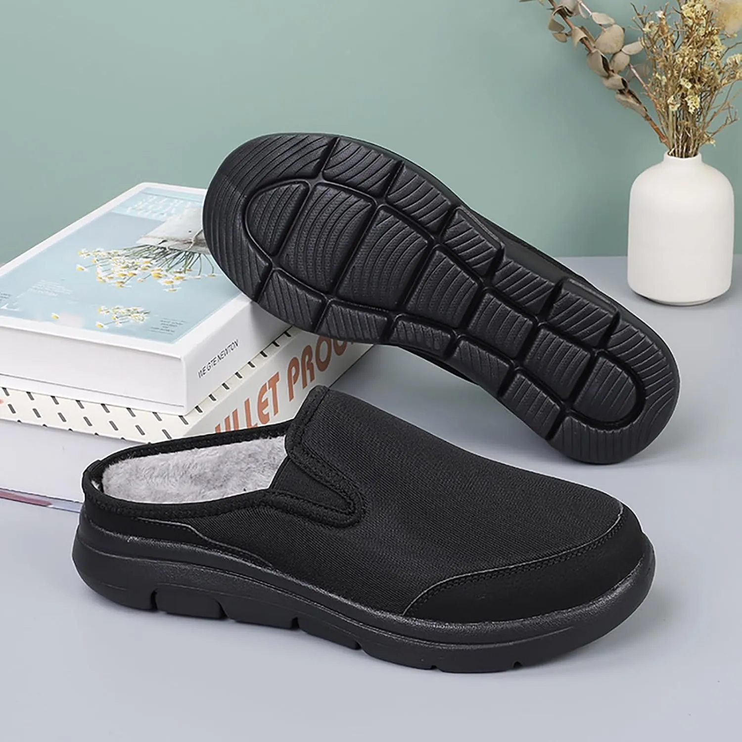 WENOREG Men's Mesh Lined Fleece Slip-on Flat Slipper Shoes,Winter Comfy Warm Indoor Outdoor Moccasin Orthotic Clog Slippers Non Slip Fluffy Wide House Shoes Mule Loafer