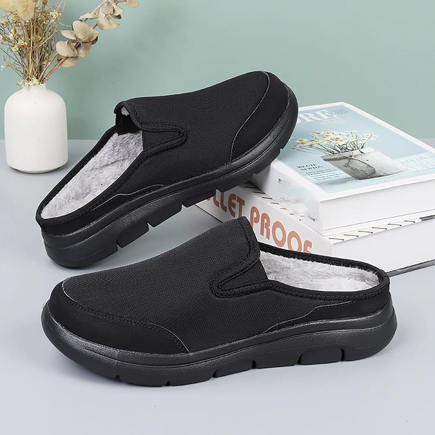 WENOREG Men's Mesh Lined Fleece Slip-on Flat Slipper Shoes,Winter Comfy Warm Indoor Outdoor Moccasin Orthotic Clog Slippers Non Slip Fluffy Wide House Shoes Mule Loafer