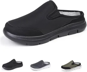 WENOREG Men's Mesh Lined Fleece Slip-on Flat Slipper Shoes,Winter Comfy Warm Indoor Outdoor Moccasin Orthotic Clog Slippers Non Slip Fluffy Wide House Shoes Mule Loafer