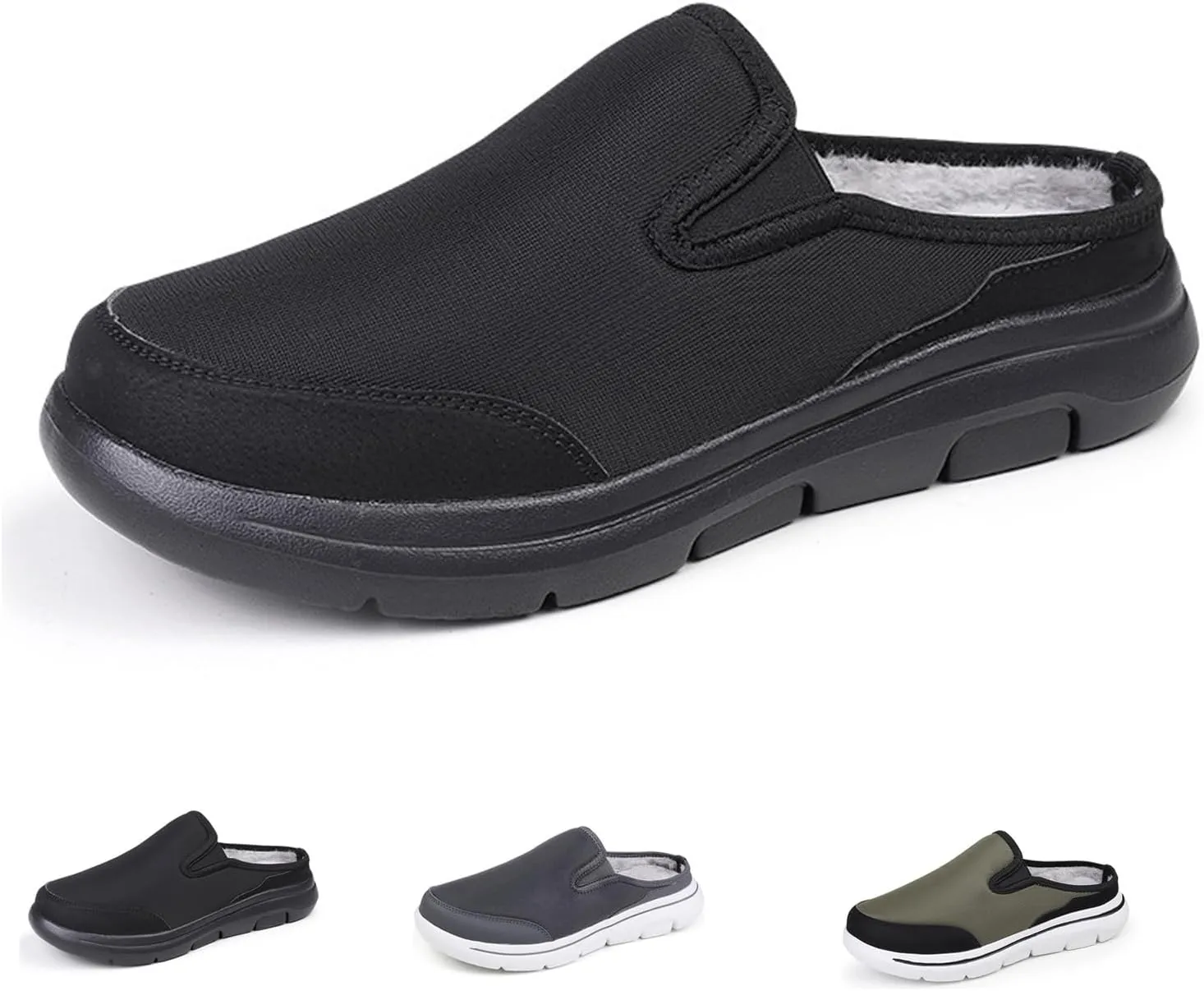 WENOREG Men's Mesh Lined Fleece Slip-on Flat Slipper Shoes,Winter Comfy Warm Indoor Outdoor Moccasin Orthotic Clog Slippers Non Slip Fluffy Wide House Shoes Mule Loafer
