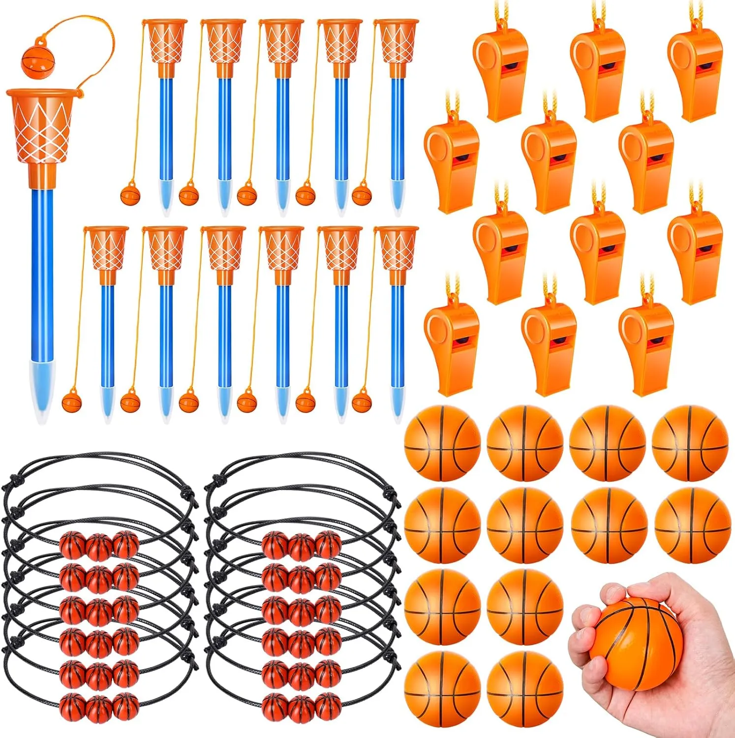 Whaline 48 Packs Basketball Party Favor Basketball Hoop Novelty Pens Mini Basketball Stress Balls Bracelet Whistles for School Classroom Reward Gift Sports Party Supply Decor