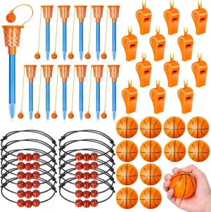 Whaline 48 Packs Basketball Party Favor Basketball Hoop Novelty Pens Mini Basketball Stress Balls Bracelet Whistles for School Classroom Reward Gift Sports Party Supply Decor