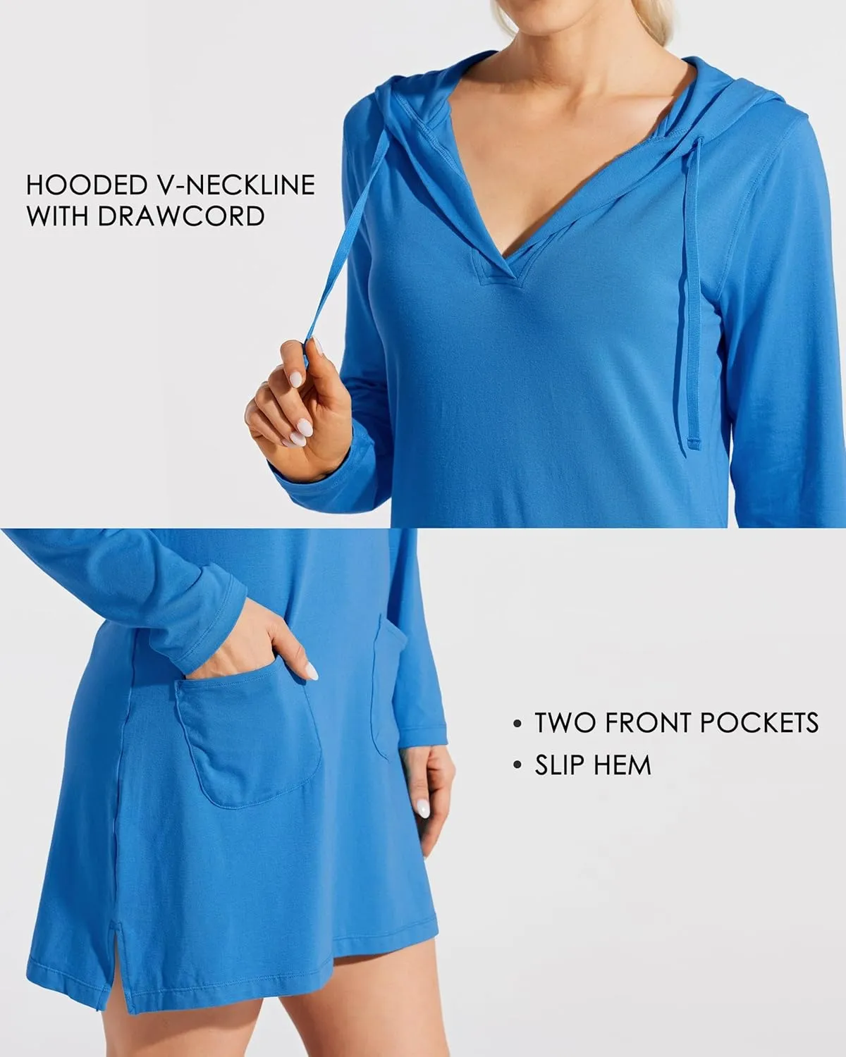 Willit Women's Long Sleeve Cotton Swim Cover Up UPF 50  SPF Dress Hooded with Pockets Sun Protection Beach Coverup