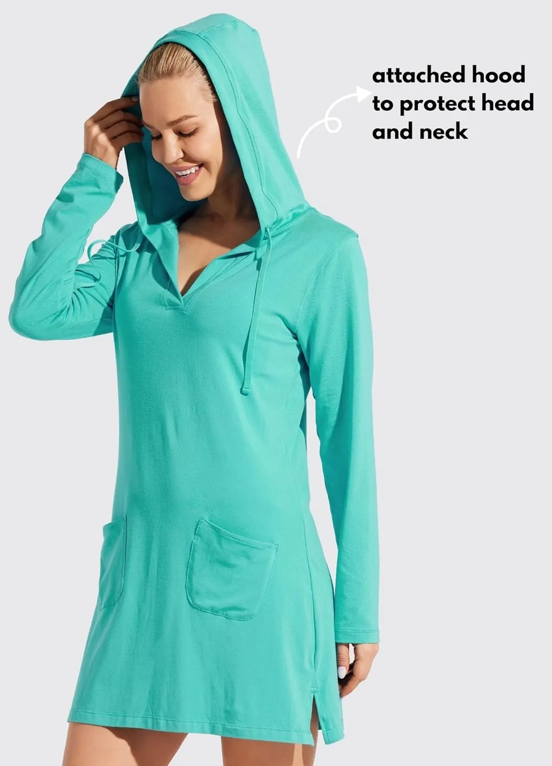 Willit Women's Long Sleeve Cotton Swim Cover Up UPF 50  SPF Dress Hooded with Pockets Sun Protection Beach Coverup
