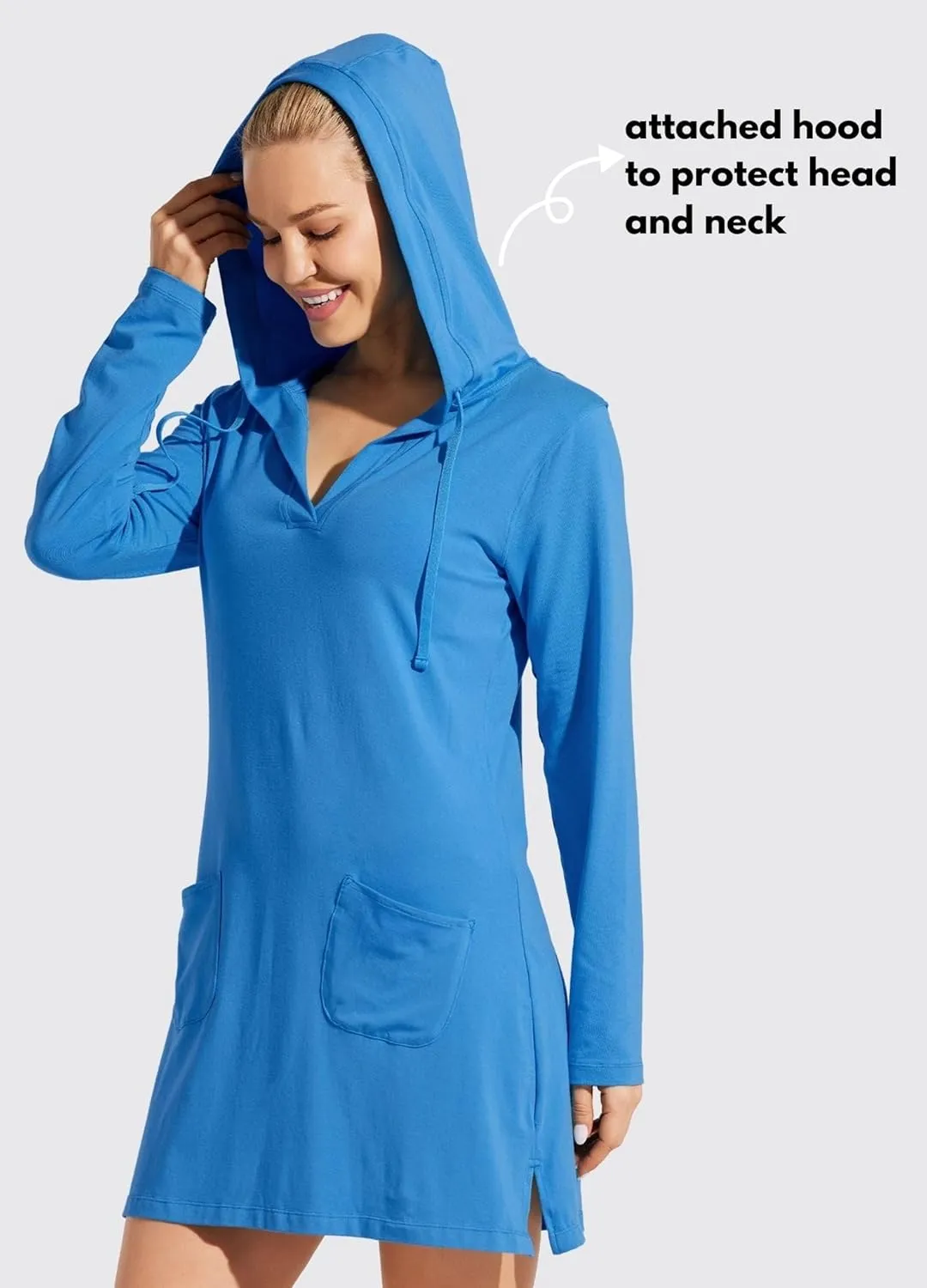 Willit Women's Long Sleeve Cotton Swim Cover Up UPF 50  SPF Dress Hooded with Pockets Sun Protection Beach Coverup