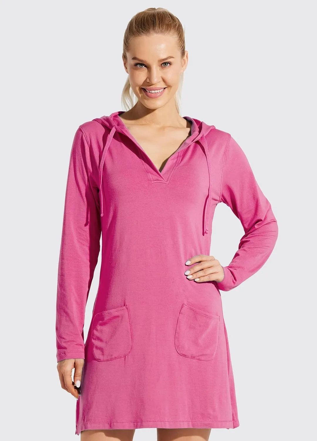 Willit Women's Long Sleeve Cotton Swim Cover Up UPF 50  SPF Dress Hooded with Pockets Sun Protection Beach Coverup