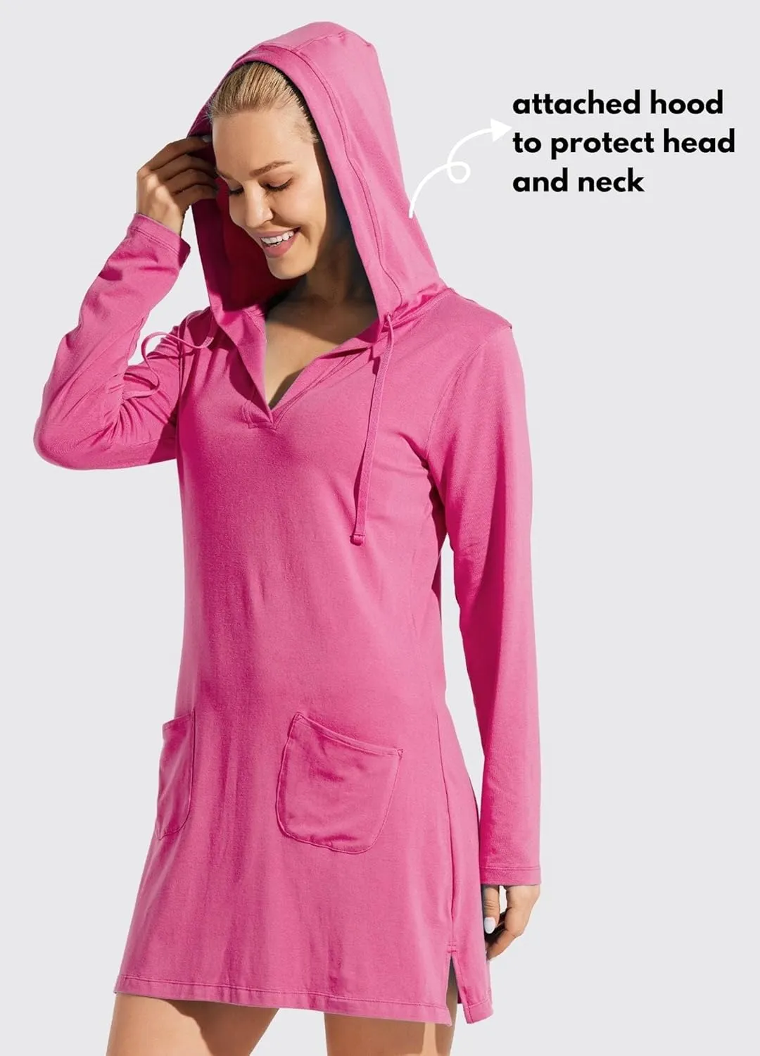 Willit Women's Long Sleeve Cotton Swim Cover Up UPF 50  SPF Dress Hooded with Pockets Sun Protection Beach Coverup