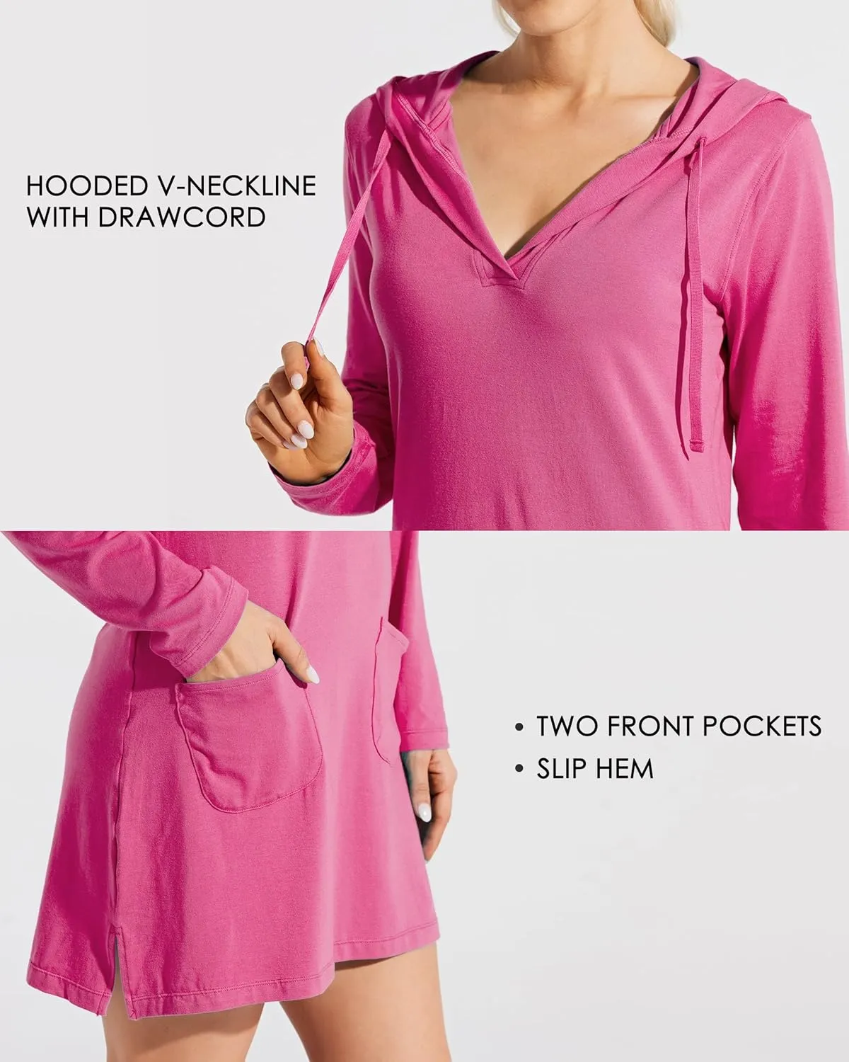 Willit Women's Long Sleeve Cotton Swim Cover Up UPF 50  SPF Dress Hooded with Pockets Sun Protection Beach Coverup