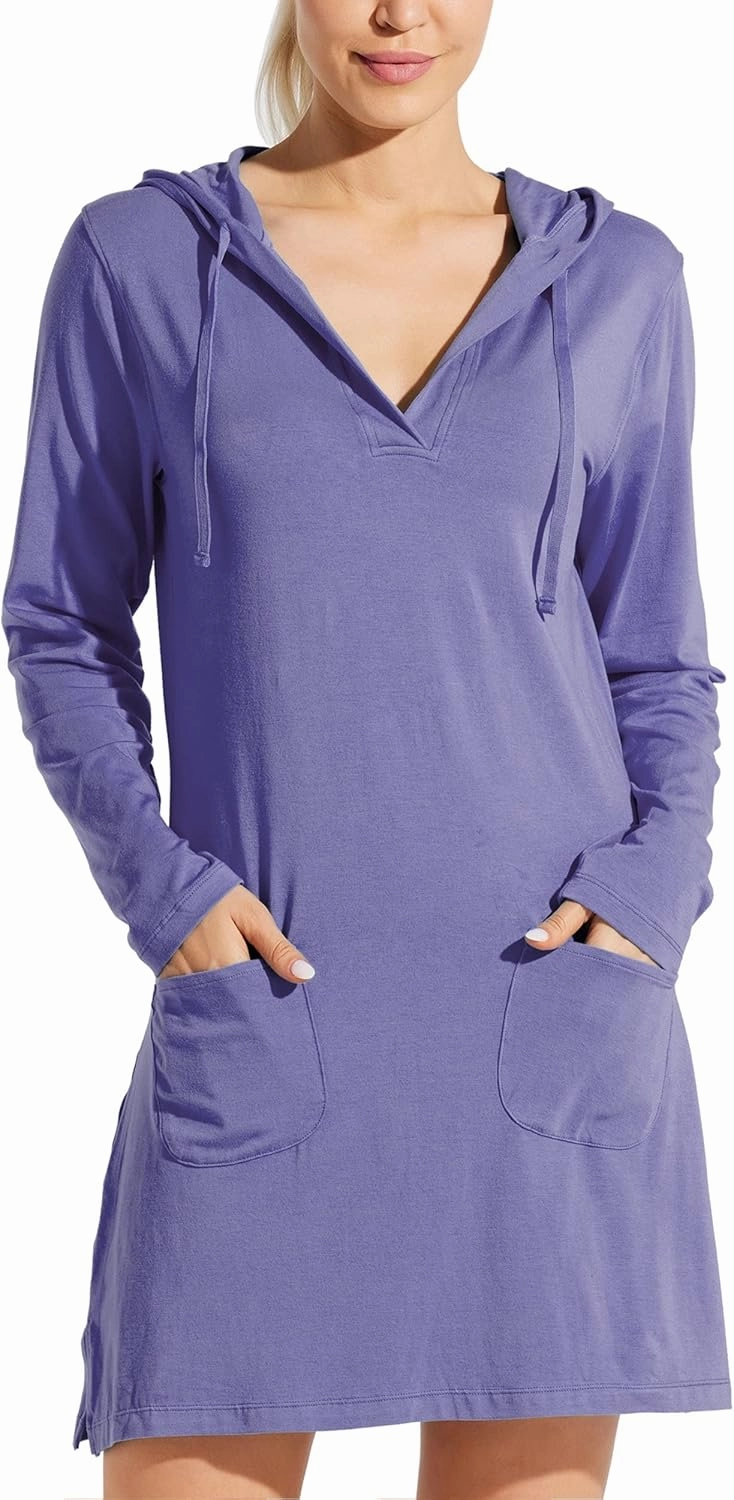 Willit Women's Long Sleeve Cotton Swim Cover Up UPF 50  SPF Dress Hooded with Pockets Sun Protection Beach Coverup