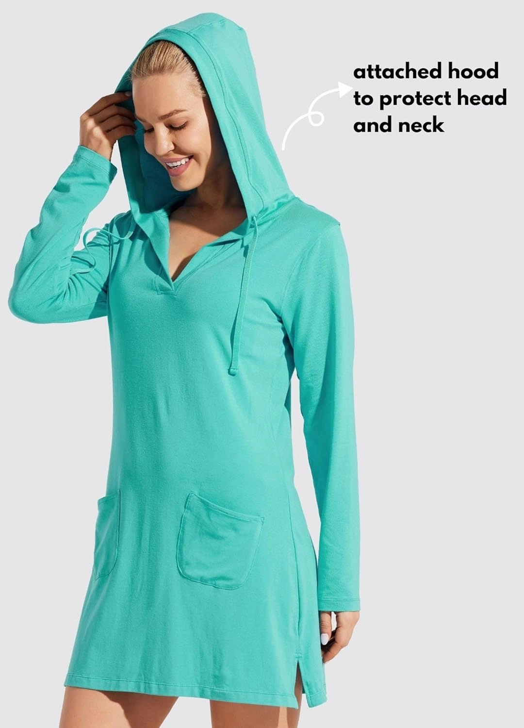 Willit Women's Long Sleeve Cotton Swim Cover Up UPF 50  SPF Dress Hooded with Pockets Sun Protection Beach Coverup