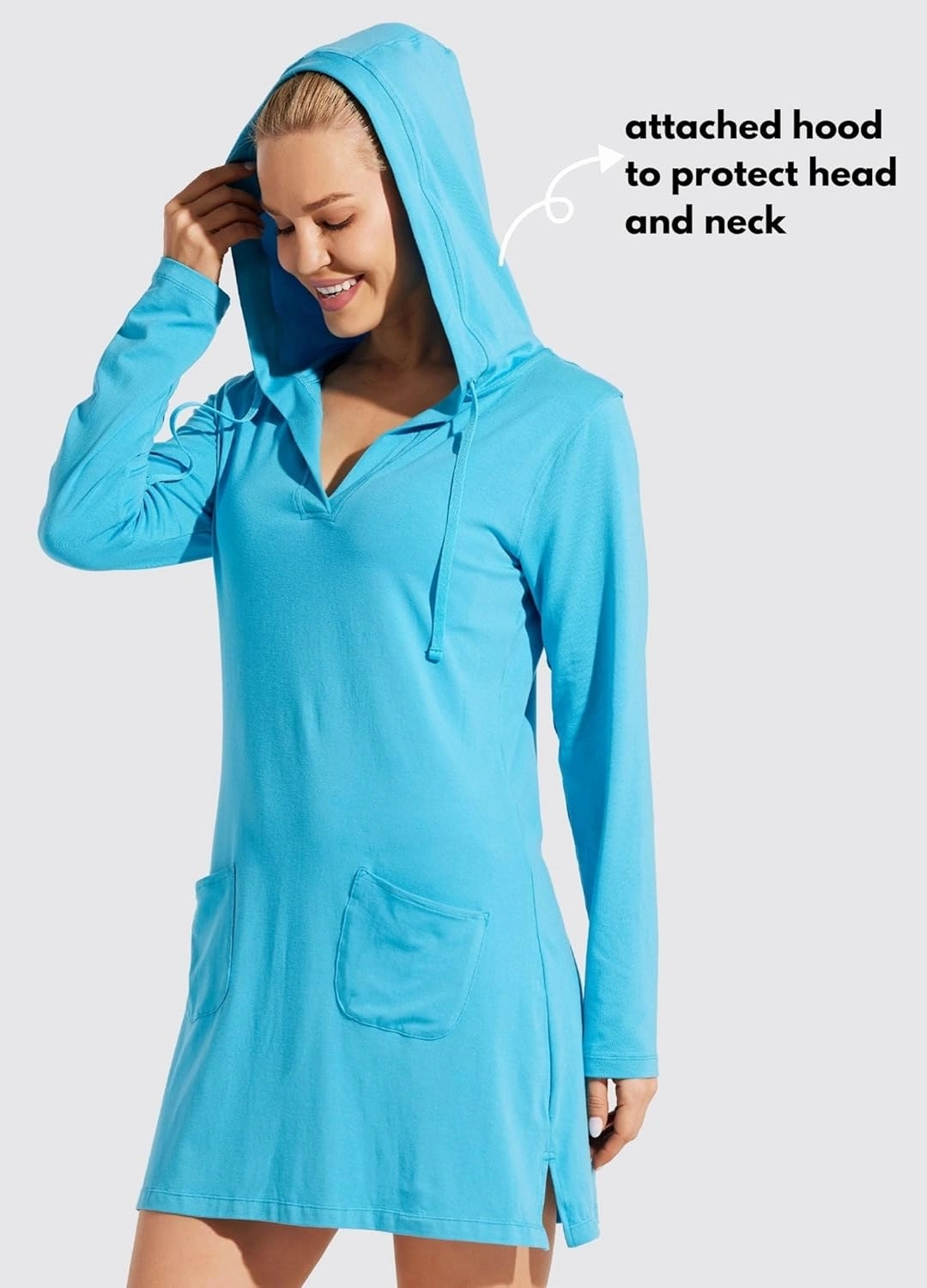 Willit Women's Long Sleeve Cotton Swim Cover Up UPF 50  SPF Dress Hooded with Pockets Sun Protection Beach Coverup