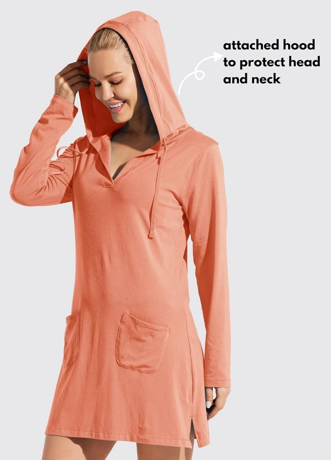 Willit Women's Long Sleeve Cotton Swim Cover Up UPF 50  SPF Dress Hooded with Pockets Sun Protection Beach Coverup