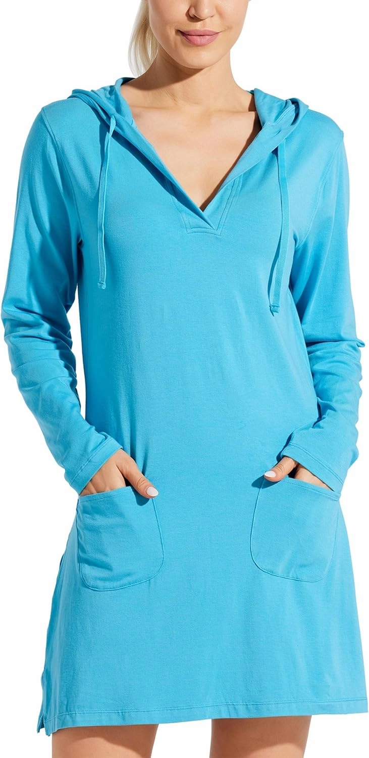 Willit Women's Long Sleeve Cotton Swim Cover Up UPF 50  SPF Dress Hooded with Pockets Sun Protection Beach Coverup