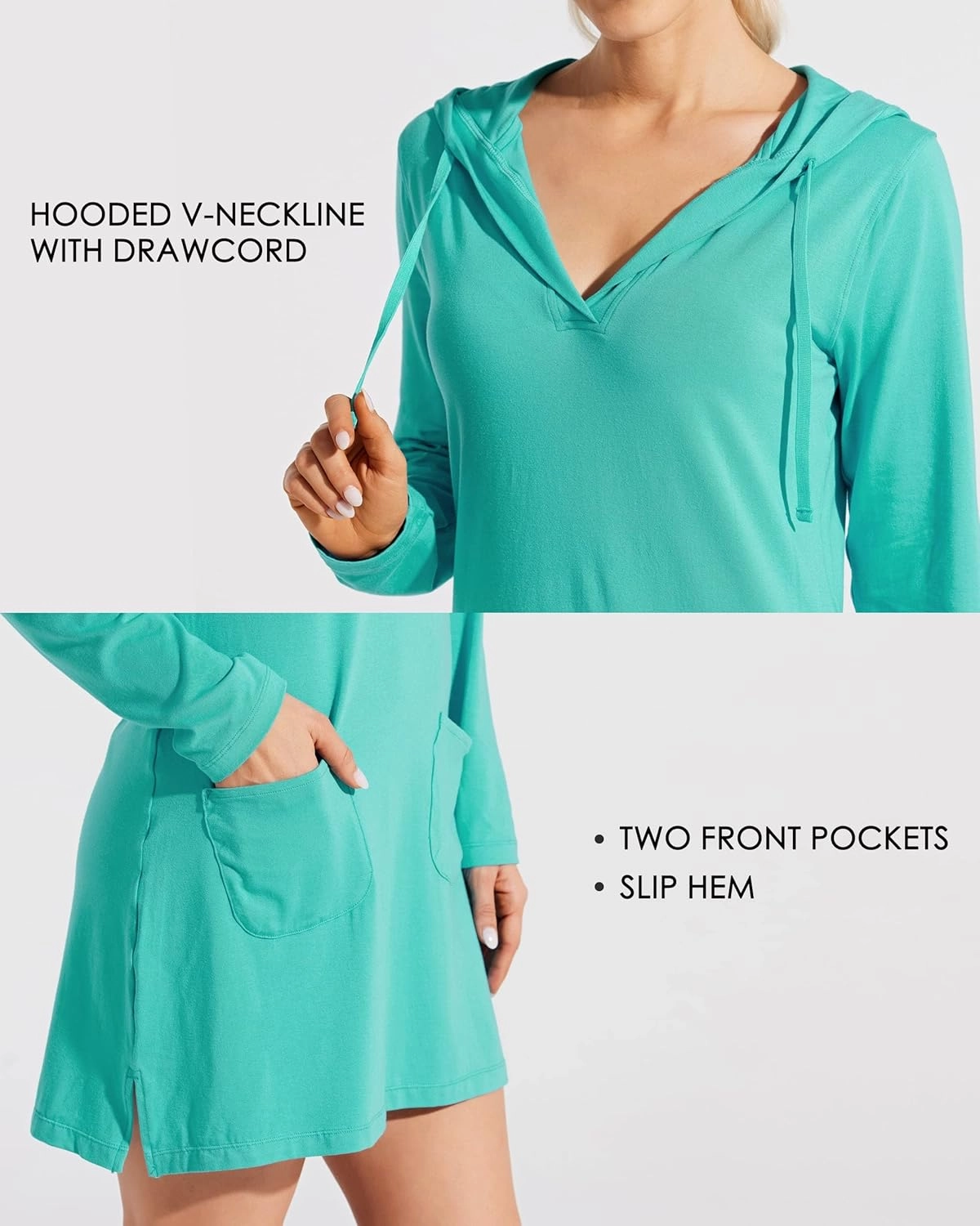 Willit Women's Long Sleeve Cotton Swim Cover Up UPF 50  SPF Dress Hooded with Pockets Sun Protection Beach Coverup