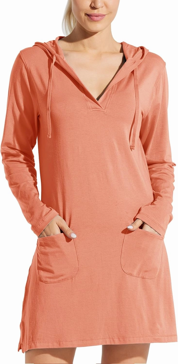 Willit Women's Long Sleeve Cotton Swim Cover Up UPF 50  SPF Dress Hooded with Pockets Sun Protection Beach Coverup