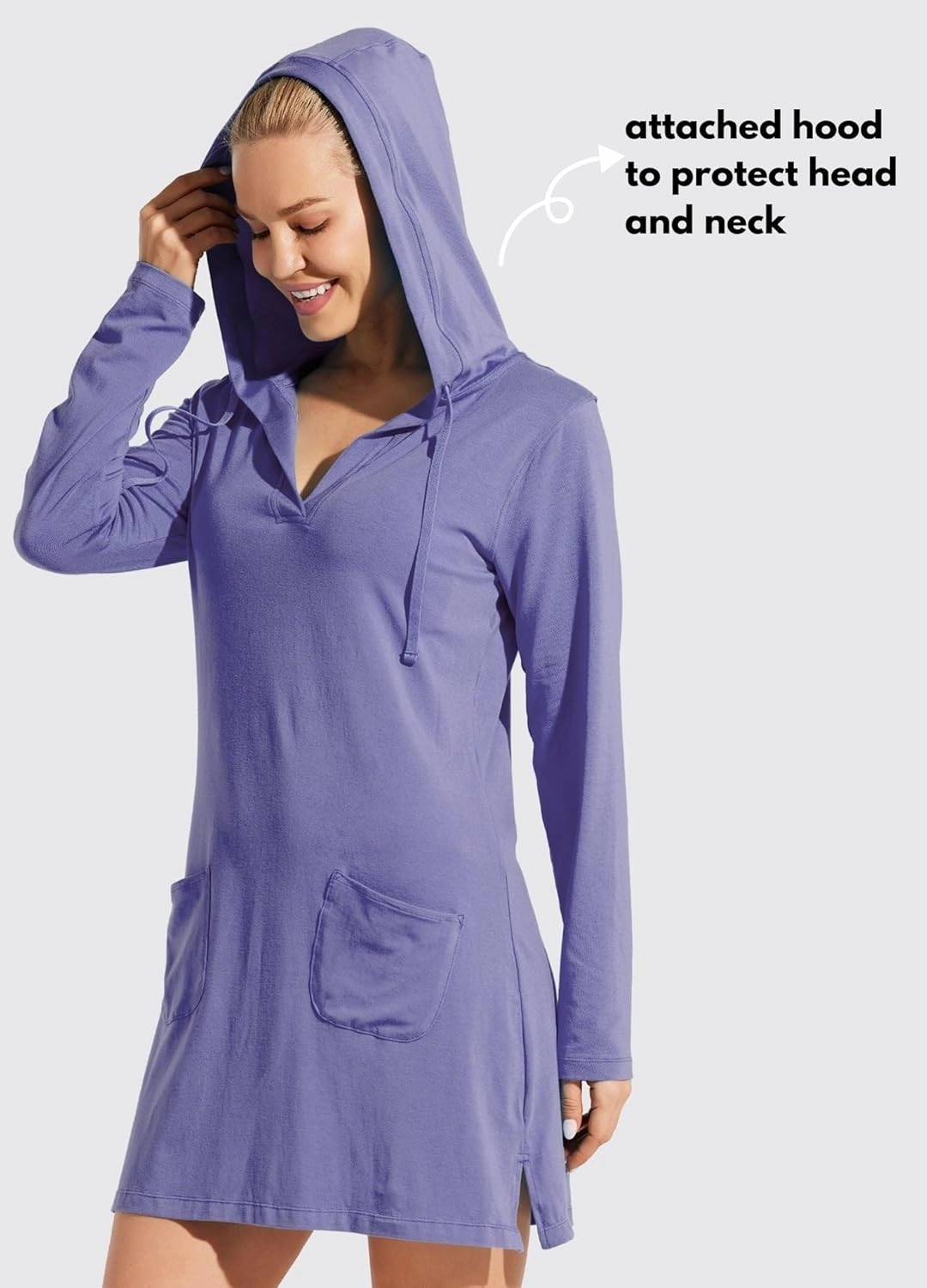Willit Women's Long Sleeve Cotton Swim Cover Up UPF 50  SPF Dress Hooded with Pockets Sun Protection Beach Coverup