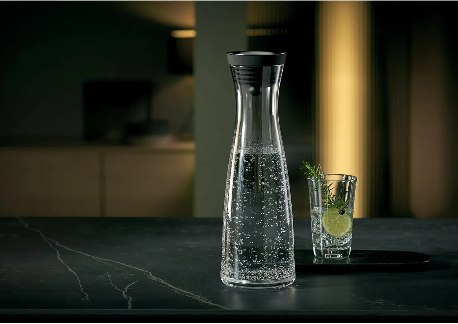 WMF Close-Up Stopper Glass Cromargan Basic Water Decanter, Black, Height 32.7 cm, 1.5 Litre