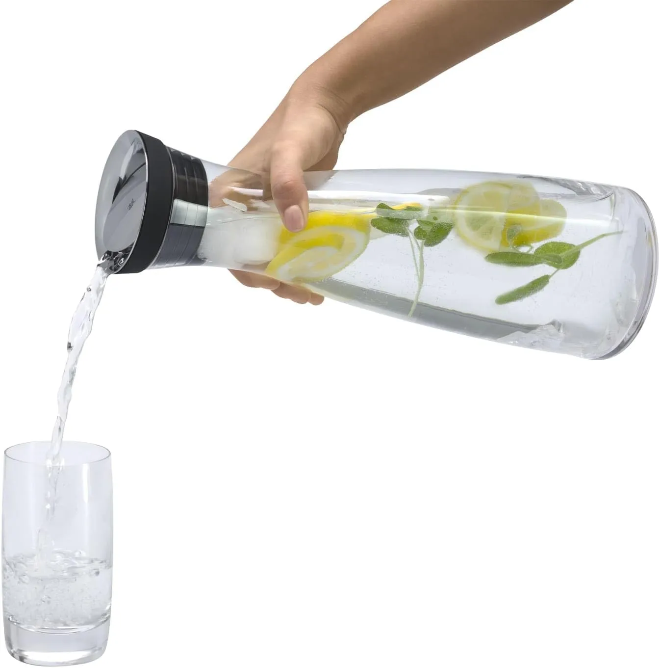 WMF Close-Up Stopper Glass Cromargan Basic Water Decanter, Black, Height 32.7 cm, 1.5 Litre