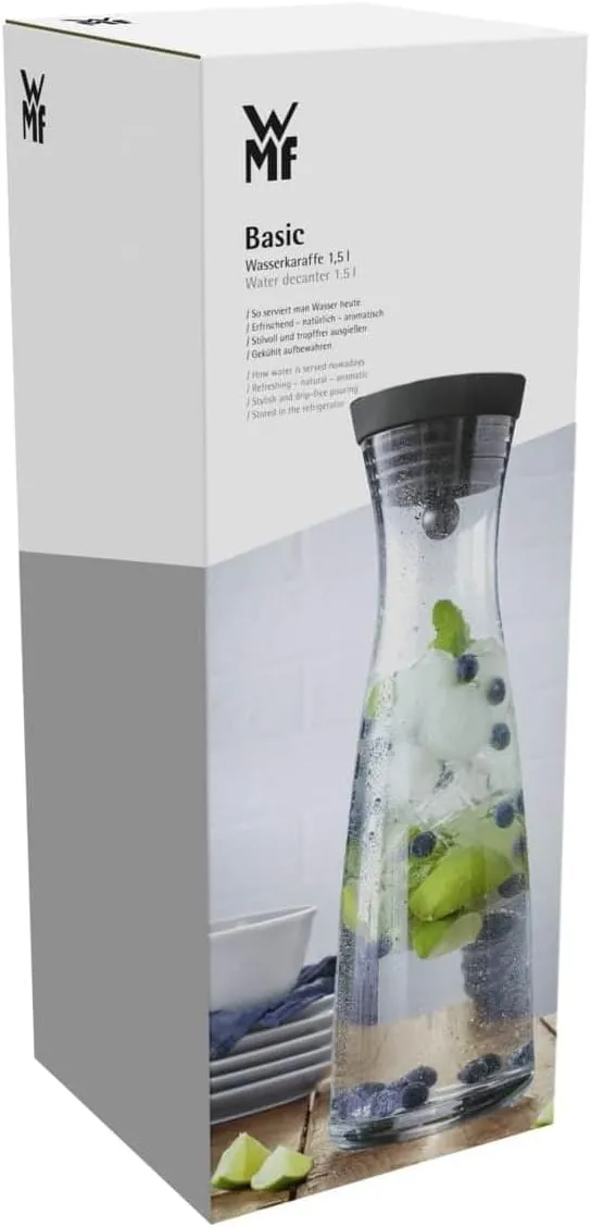WMF Close-Up Stopper Glass Cromargan Basic Water Decanter, Black, Height 32.7 cm, 1.5 Litre