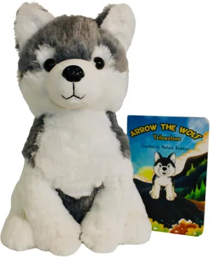 Wolf Stuffed Animal & with Book, Large 13 Inch Plush Toy, Arrow The Wolf, Gift for Kids, Grey and White, with Kids Storybook