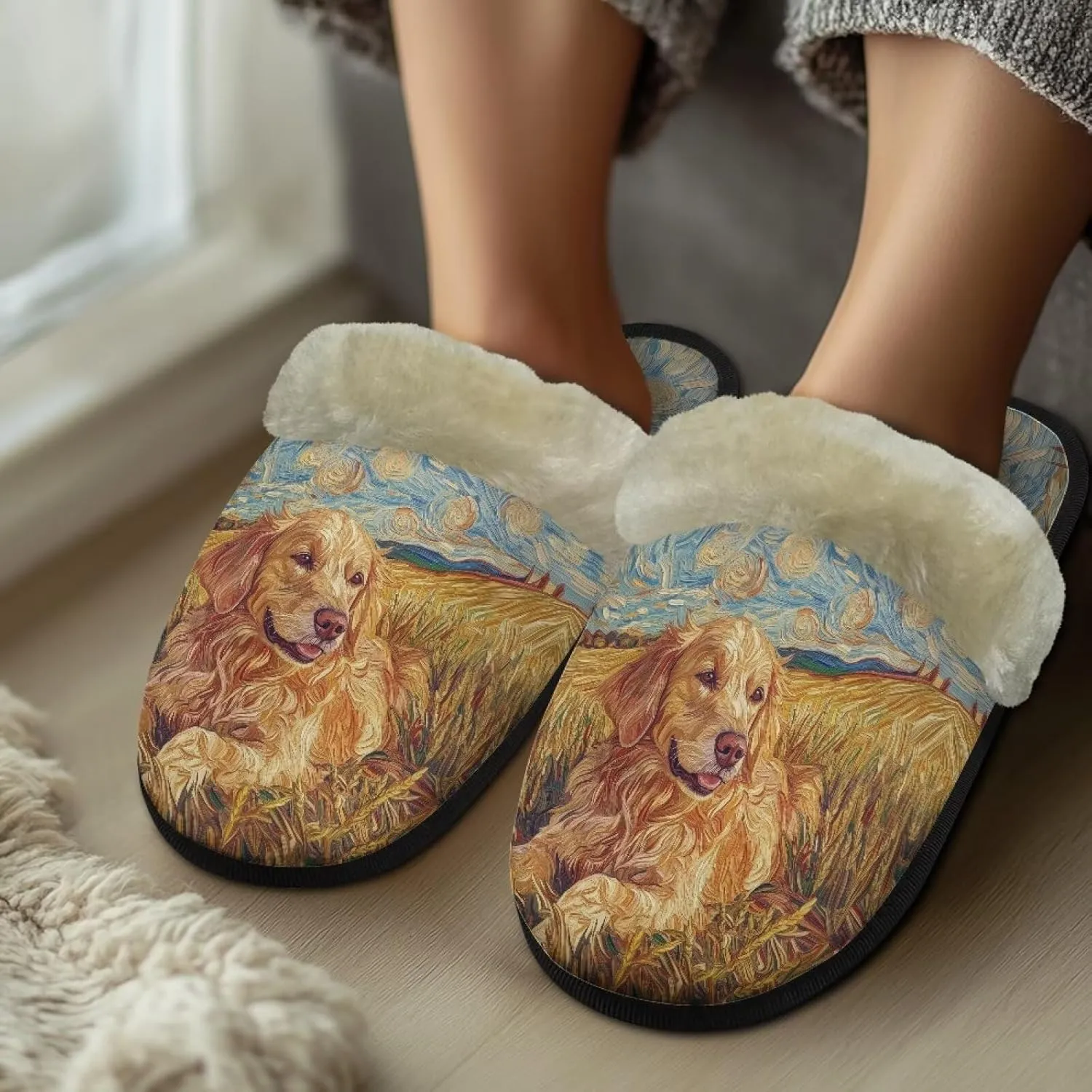 Women's Fluffy Plush Slippers Oil Painting Style House Slippers Winter Warm Fuzzy Shoes Lightweight Soft Cotton Shoes