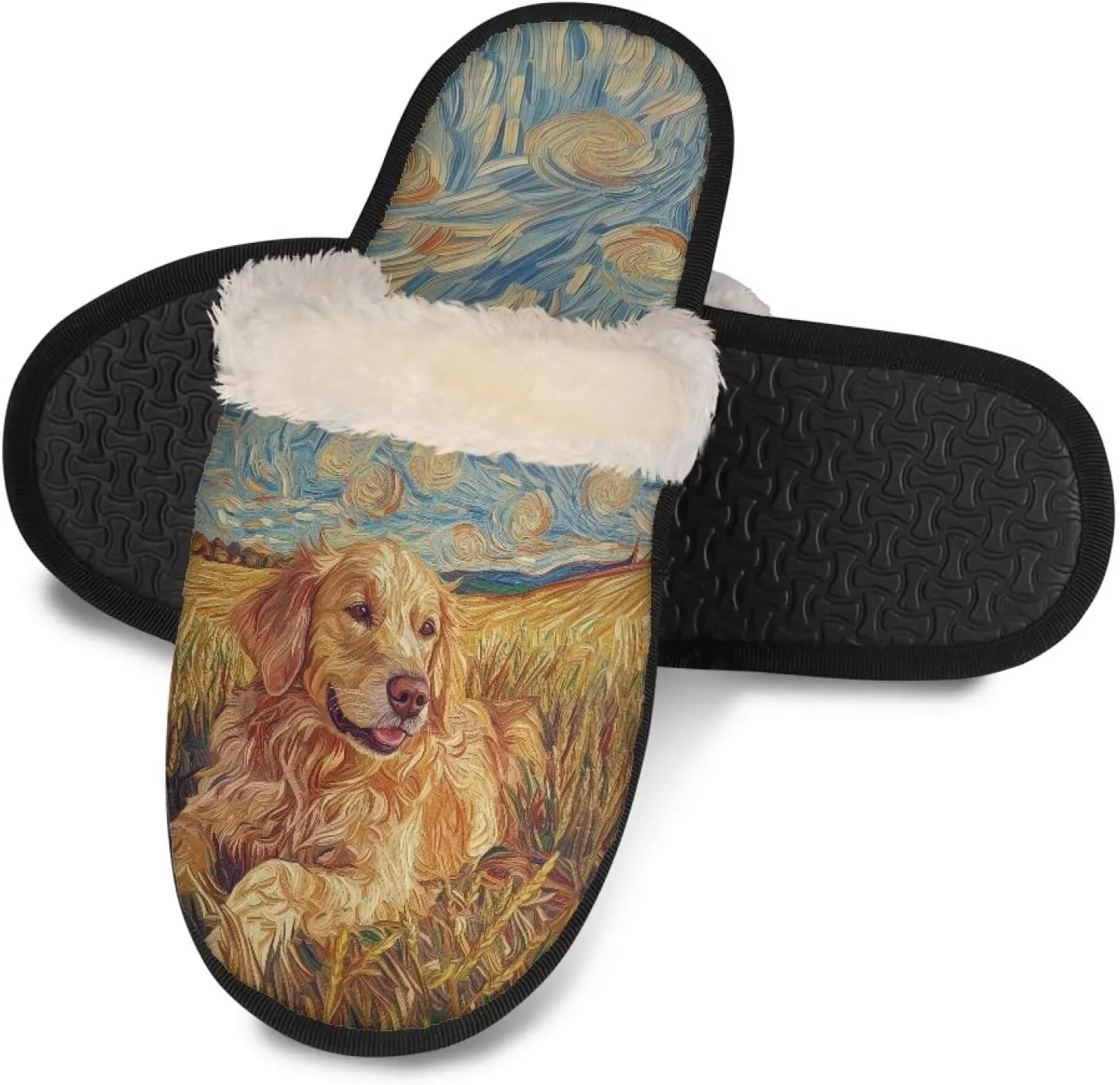 Women's Fluffy Plush Slippers Oil Painting Style House Slippers Winter Warm Fuzzy Shoes Lightweight Soft Cotton Shoes