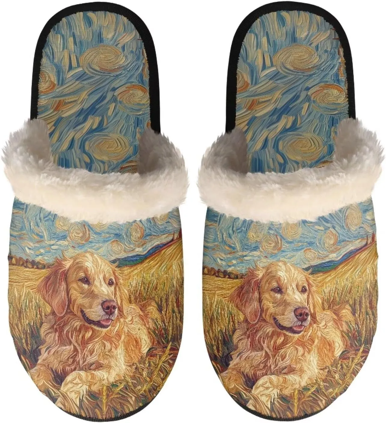 Women's Fluffy Plush Slippers Oil Painting Style House Slippers Winter Warm Fuzzy Shoes Lightweight Soft Cotton Shoes