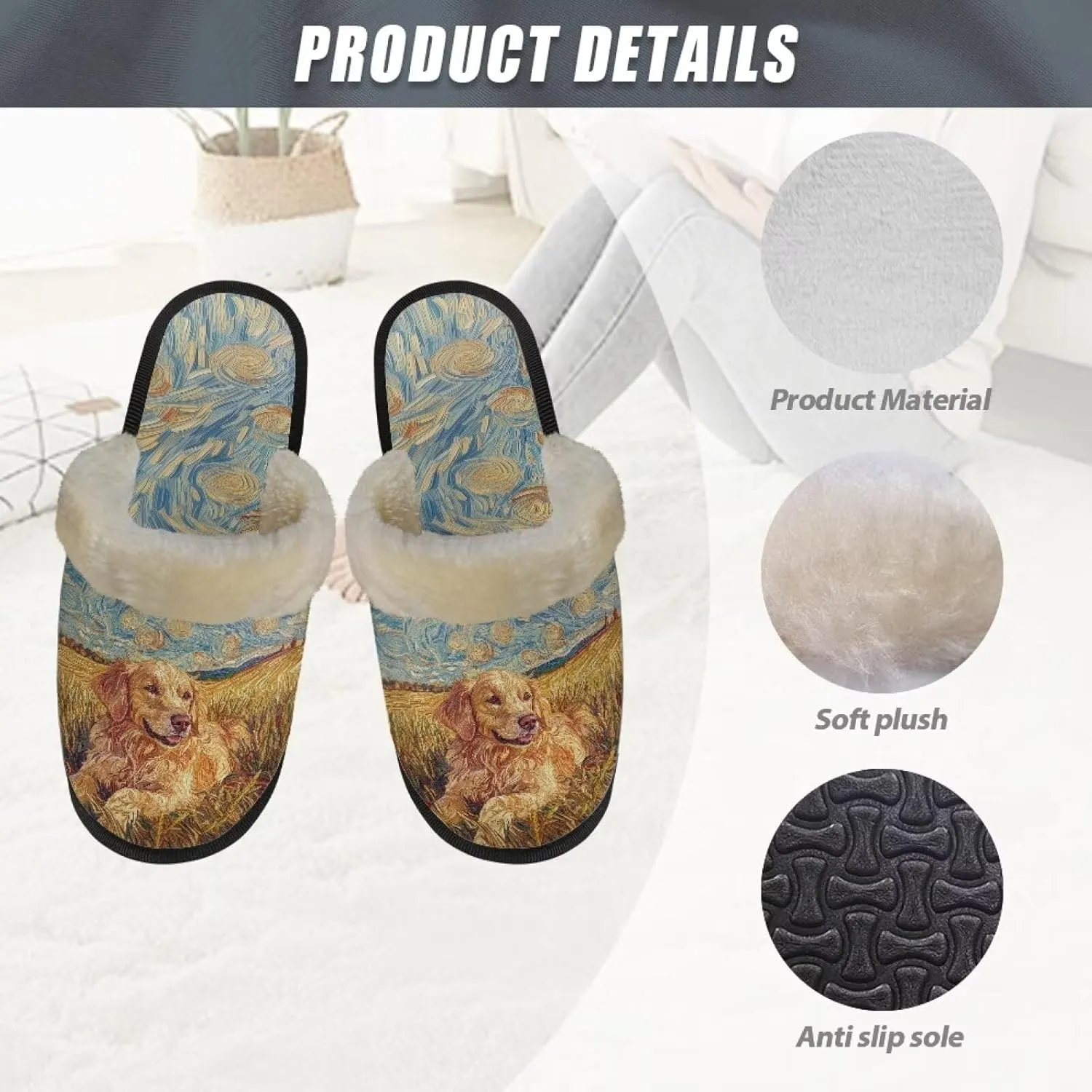 Women's Fluffy Plush Slippers Oil Painting Style House Slippers Winter Warm Fuzzy Shoes Lightweight Soft Cotton Shoes