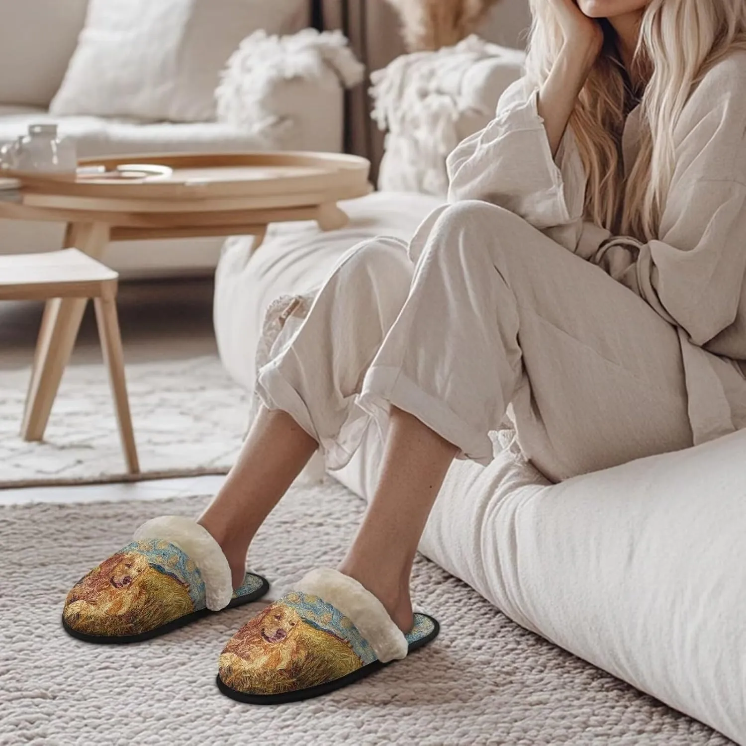 Women's Fluffy Plush Slippers Oil Painting Style House Slippers Winter Warm Fuzzy Shoes Lightweight Soft Cotton Shoes