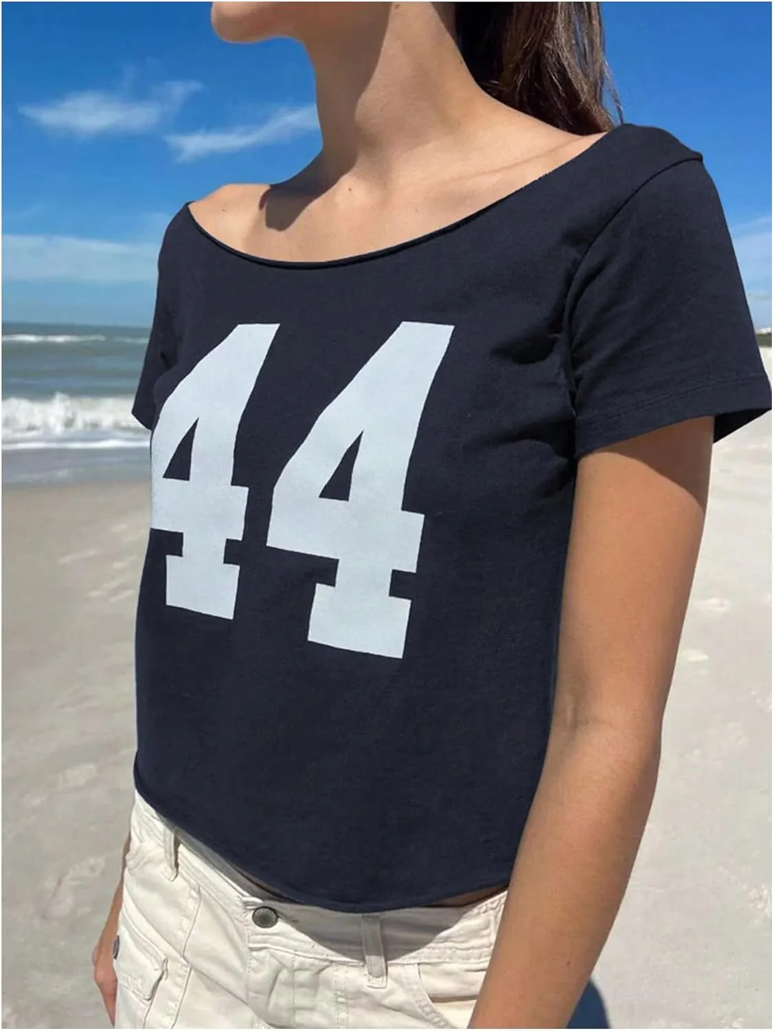 Women's Jersey Top Off The Shoulder Number Graphic Tee Short Sleeve Slim Fit Vintage Going Out Tshirts