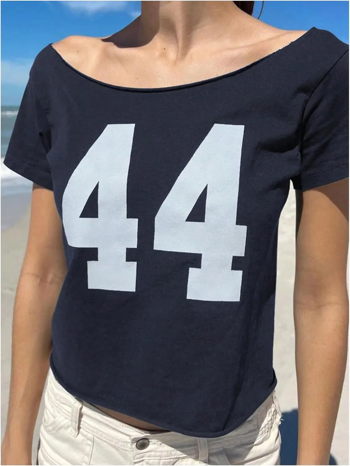 Women's Jersey Top Off The Shoulder Number Graphic Tee Short Sleeve Slim Fit Vintage Going Out Tshirts