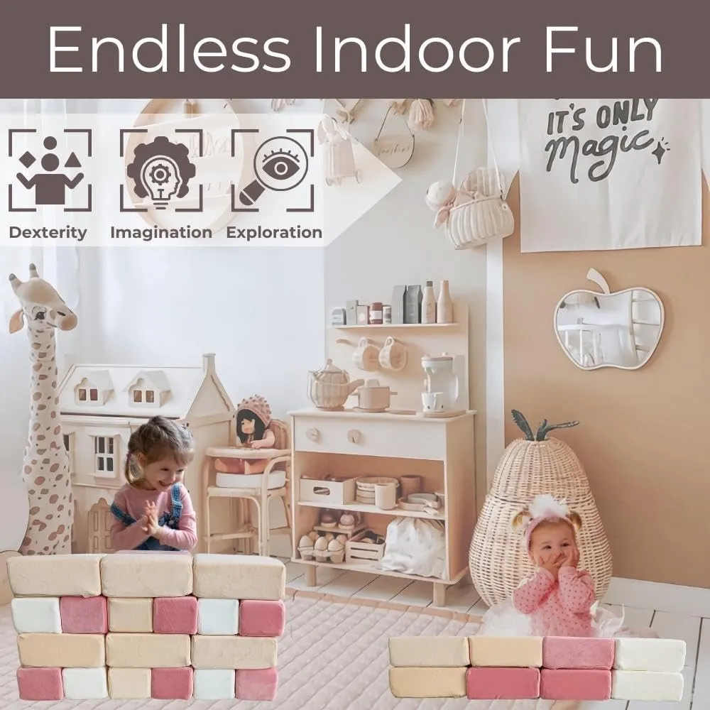 Wonder Space Plush Foam Blocks - Nursery Building & Stacking Toys for Toddlers Boys & Girls, Soft Smooth Velvet Cover, Early Education Gross Motor Skills & Brain Development (24 Bricks, Soft Blush)