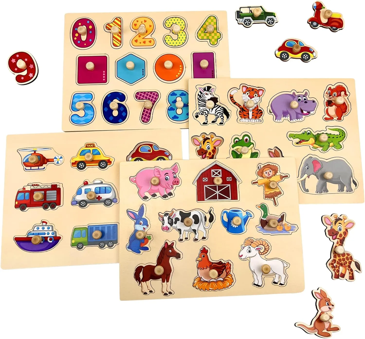 Wooden Peg Puzzles for Toddlers, 4 Pack Toddler Puzzles Set with Wooden Knobs, Preschool Learning Educational Animals Numbers Vehicles Pegged Puzzle Toys for 2 3 Year Old (Style 2)