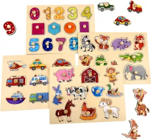 Wooden Peg Puzzles for Toddlers, 4 Pack Toddler Puzzles Set with Wooden Knobs, Preschool Learning Educational Animals Numbers Vehicles Pegged Puzzle Toys for 2 3 Year Old (Style 2)